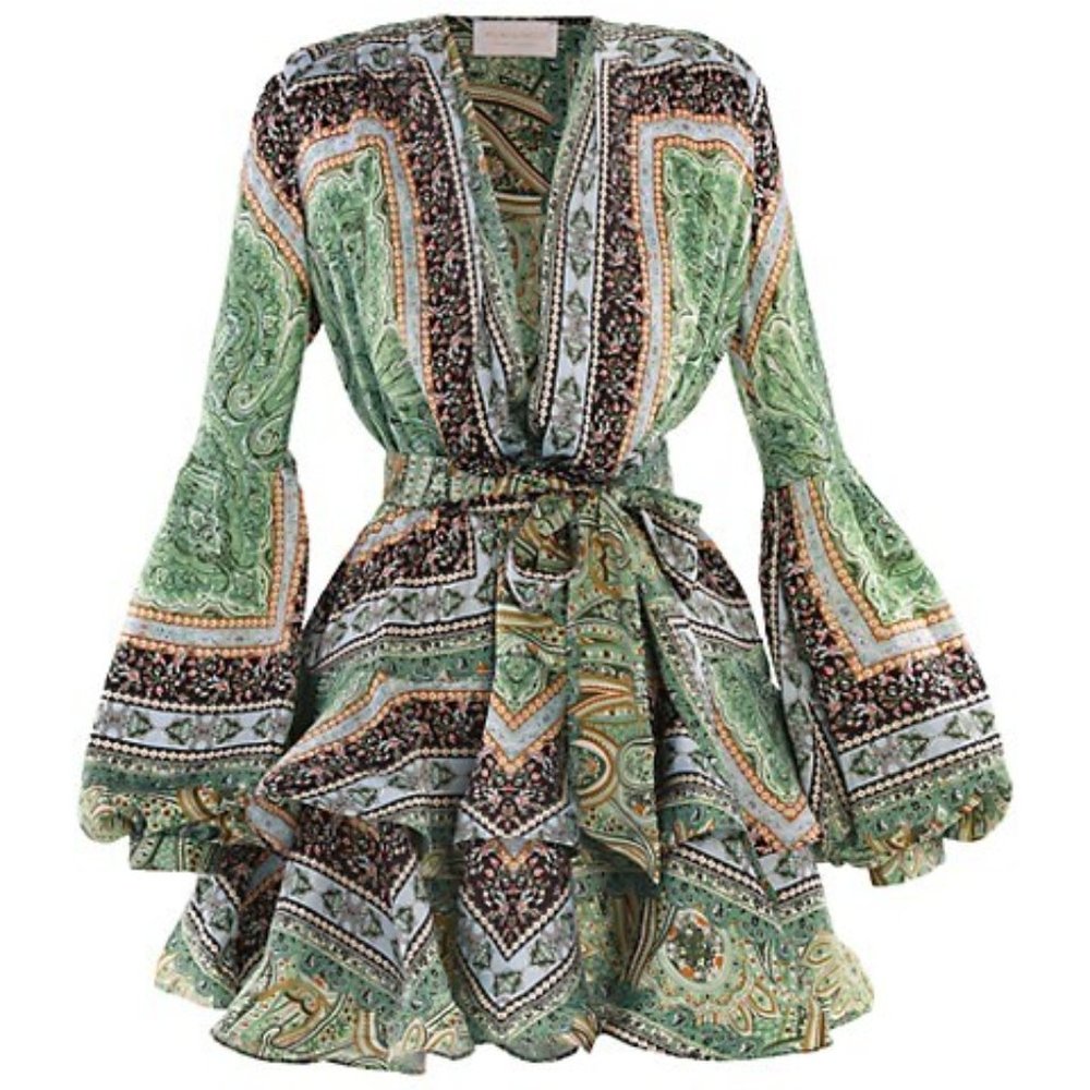 Bronx and Banco Bedouin Green Paisley Long Sleeve Mini Dress